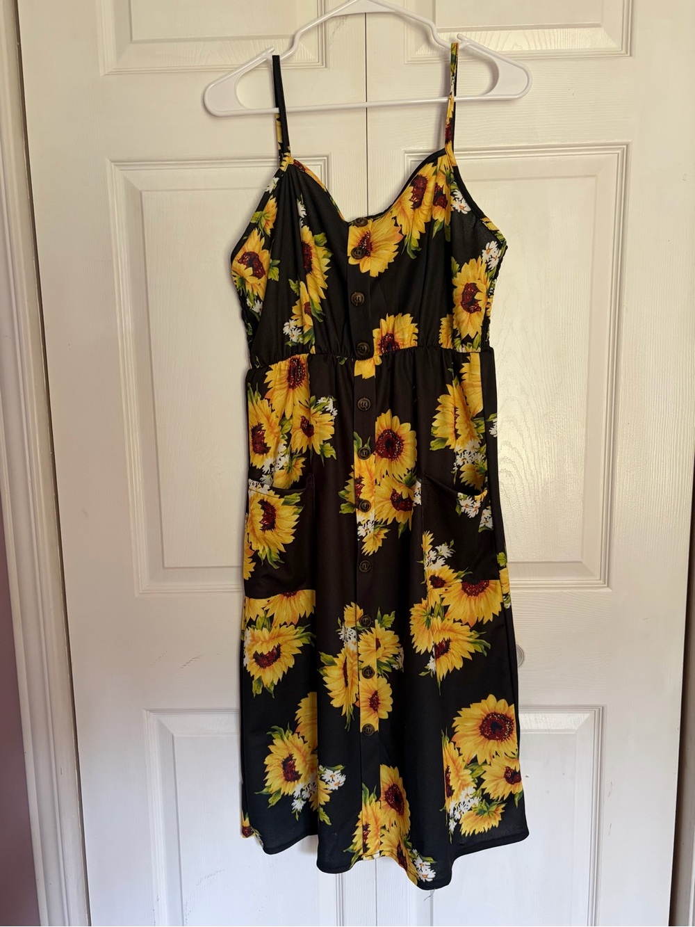 Black Sunflower Print Midi Dress with Spaghetti Straps